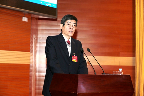 图为中国残联理事长鲁勇代表执行理事会作工作报告